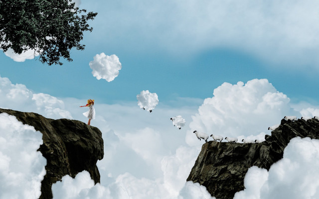 Woman cliff clouds tree surrealism free wallpaper - medium preview image