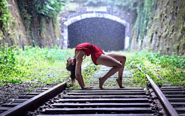 Woman red bathing suit handstand free wallpaper - medium preview image