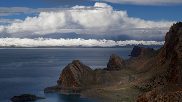 Mountain lake coastal sky clouds free wallpaper - medium preview image