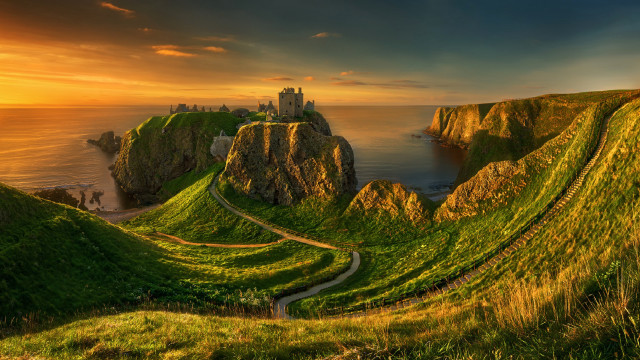 Castle cliff ocean sunset magic free wallpaper - medium preview image