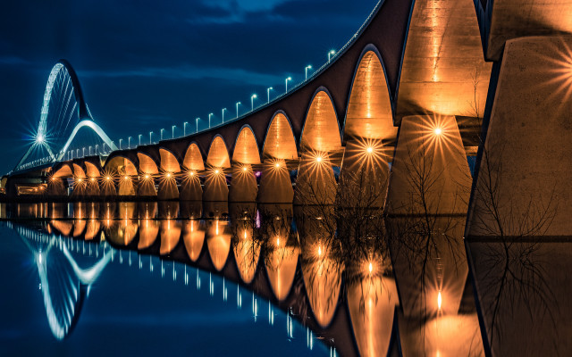 Bridge lit night reflection art free wallpaper - medium preview image