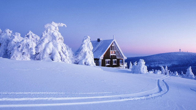 House snowy landscape trees mountain free wallpaper - medium preview image