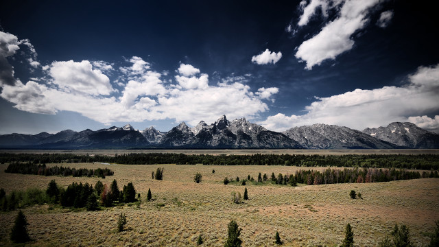 Field mountain range clouds trees free wallpaper - medium preview image