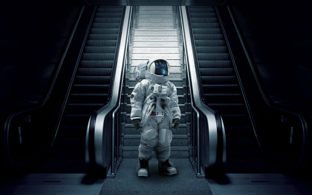 Man spacesuit escalator dark room free wallpaper - medium preview image