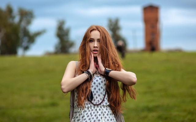 Red haired woman field bokeh #2 free wallpaper - medium preview image