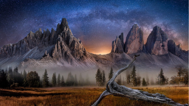 Mountain range tree branch night free wallpaper - medium preview image