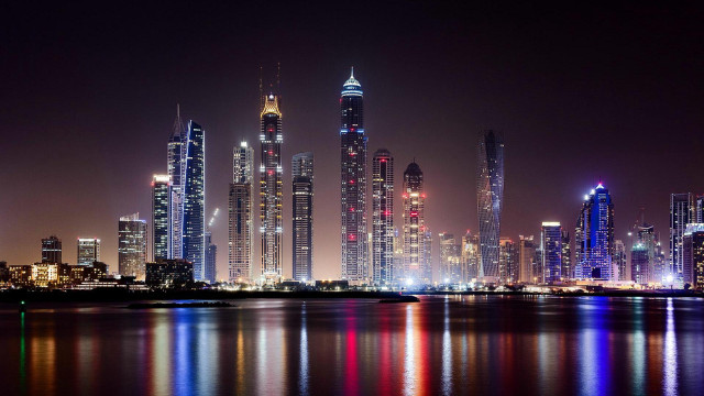 City skyline night reflections boat #5 free wallpaper - medium preview image