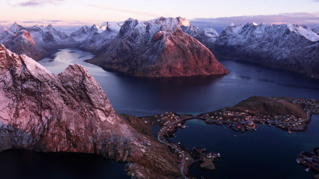 Mountain lake town snow cherry free wallpaper - medium preview image