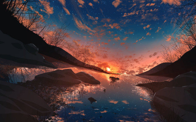 Sunset river boat trees clouds free wallpaper - medium preview image
