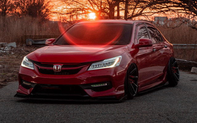 Red car sunset road trees free wallpaper - medium preview image