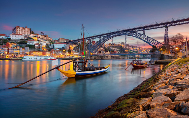 Boat bridge city sunset mountain free wallpaper - medium preview image