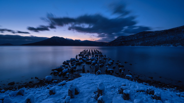 Snowy pier mountains night clouds free wallpaper - medium preview image