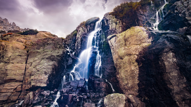 Waterfall mountain rocks cloudy sky free wallpaper - medium preview image