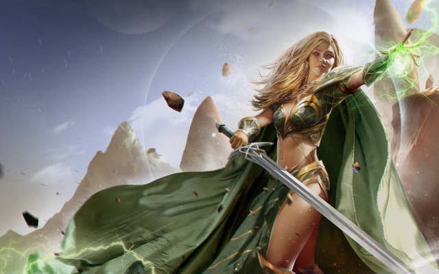 Woman green cape sword armor free wallpaper - medium preview image