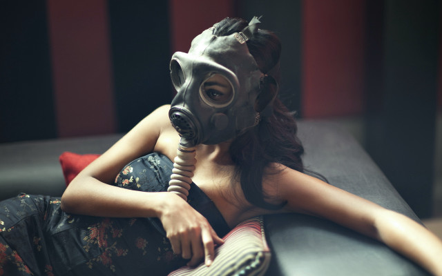 Woman gasmask couch book diepunk free wallpaper - medium preview image