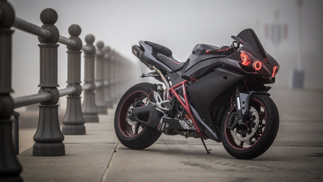 Motorcycle foggy sidewalk fence poles free wallpaper - medium preview image