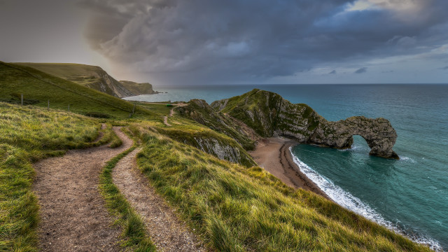 Beach path large rock formation free wallpaper - medium preview image