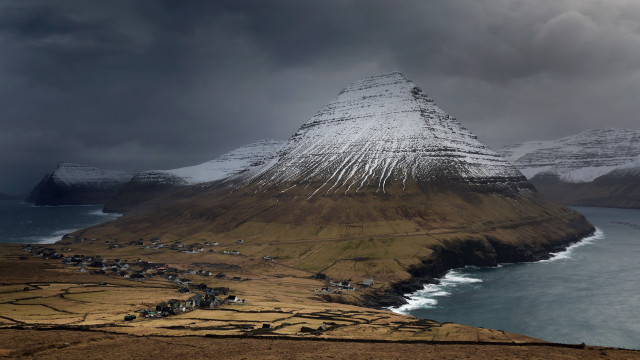 Mountain snow capped village coast free wallpaper - medium preview image