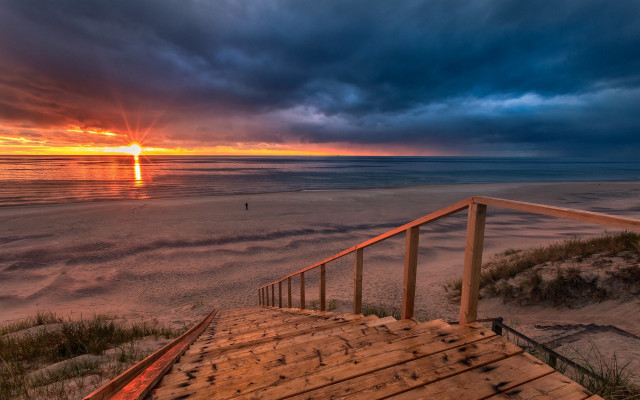Wooden staircase beach sunset cloudy free wallpaper - medium preview image