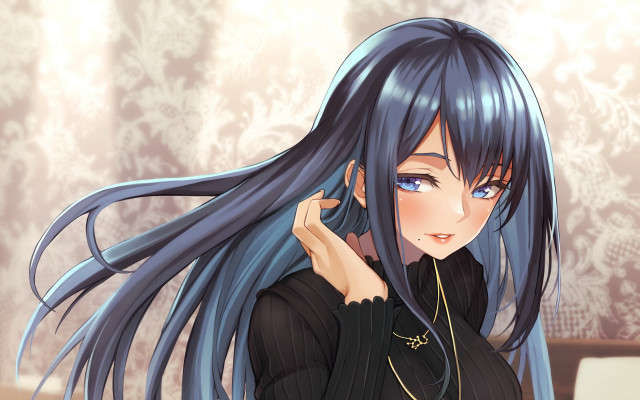 Blue haired woman serious portrait free wallpaper - medium preview image