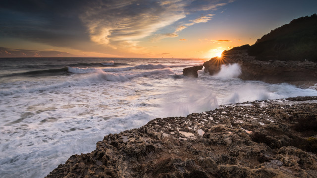 Rocky shore waves sunset clouds #2 free wallpaper - medium preview image