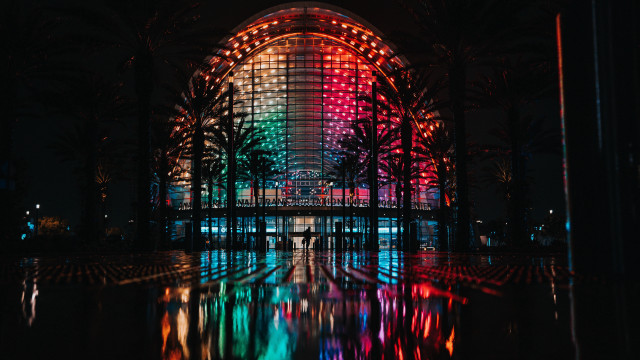 Cyberpunk building reflection palm trees free wallpaper - medium preview image