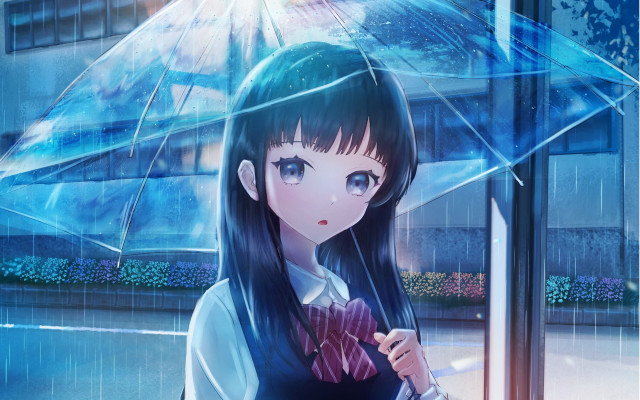 Girl umbrella rain building blue free wallpaper - medium preview image