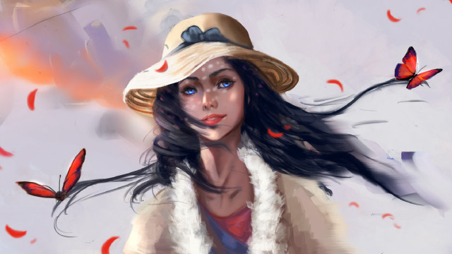 Woman hat butterfly white jacket free wallpaper - medium preview image