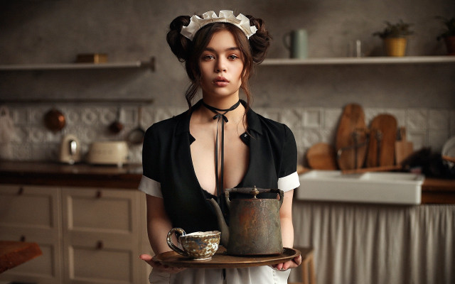 Maid tray tea kettle cosplay free wallpaper - medium preview image