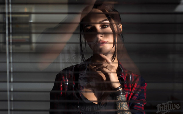 Tattooed woman window blinds portrait free wallpaper - medium preview image