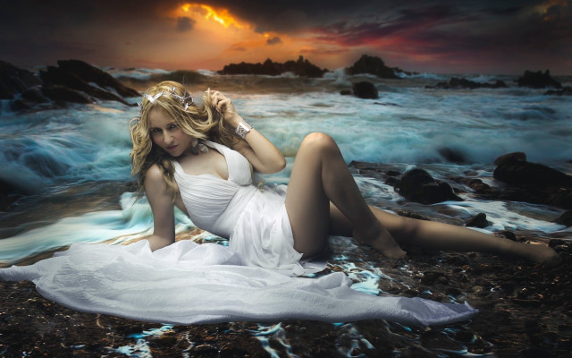 Woman white dress ocean sunset #2 free wallpaper - medium preview image