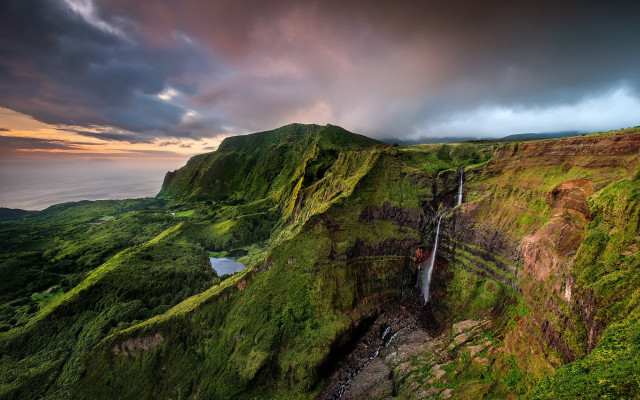 Lush green waterfall hillside cloudy free wallpaper - medium preview image