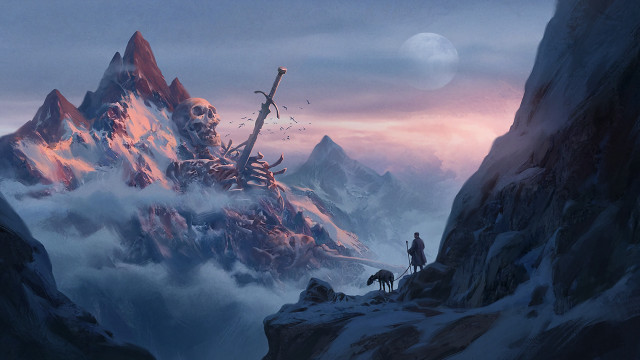 Mountain top man dog sky free wallpaper - medium preview image