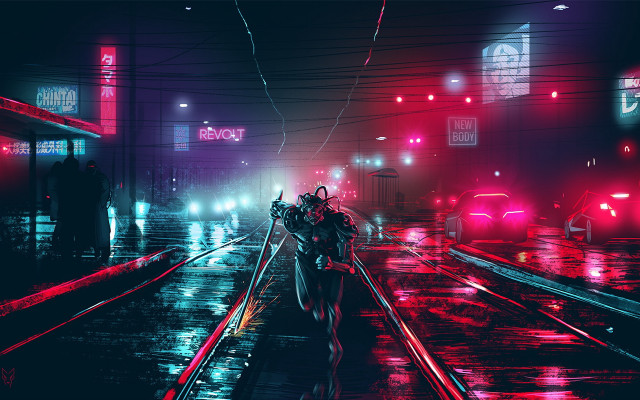 Neon cyberpunk traintrack night skyline free wallpaper - medium preview image