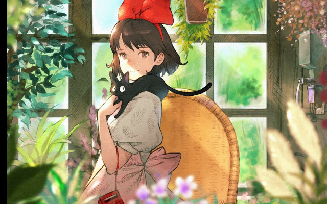 Girl cat blush bow window free wallpaper - medium preview image