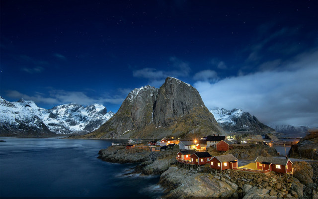 Mountain village night fullmoon aurora free wallpaper - medium preview image