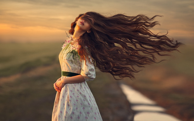 Woman longhair dress flower beach free wallpaper - medium preview image