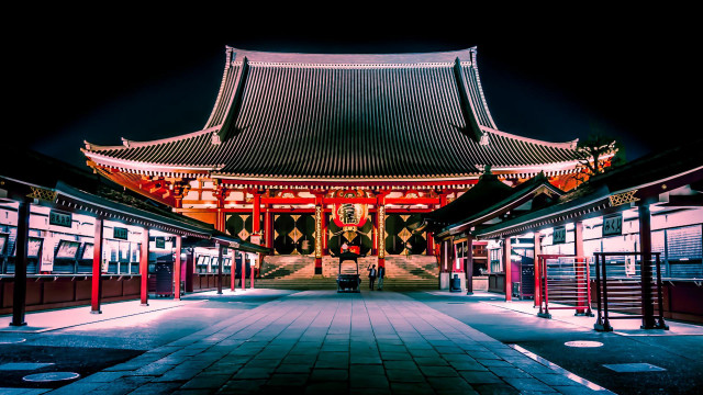 Red roof building gate night free wallpaper - medium preview image