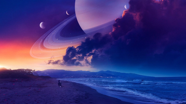 Beach man saturn planets cloudy free wallpaper - medium preview image