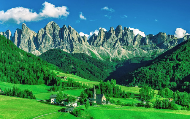 Green valley church mountains clouds free wallpaper - medium preview image