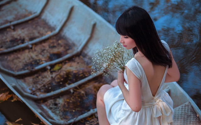 Girl white dress boat flowers free wallpaper - medium preview image