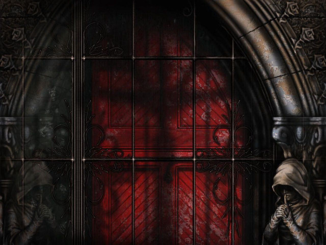 Gothic themed entrance red door free wallpaper - medium preview image