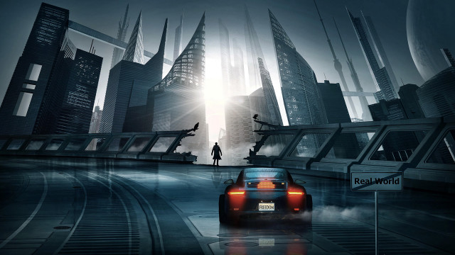 Futuristic city car bridge man free wallpaper - medium preview image