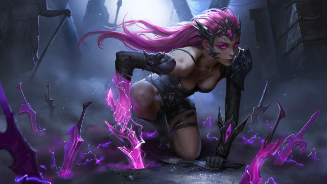 Pink haired woman mask kneeling free wallpaper - medium preview image