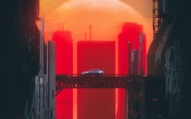 Car bridge sunset graffiti retrofuturism free wallpaper - medium preview image