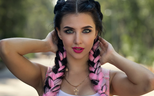 Pink black braid scarf portrait free wallpaper - medium preview image
