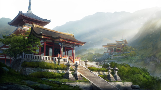 Chinese pagoda stairs forest mountain free wallpaper - medium preview image