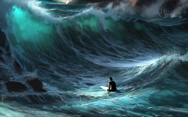Man surfboard wave ocean digital free wallpaper - medium preview image