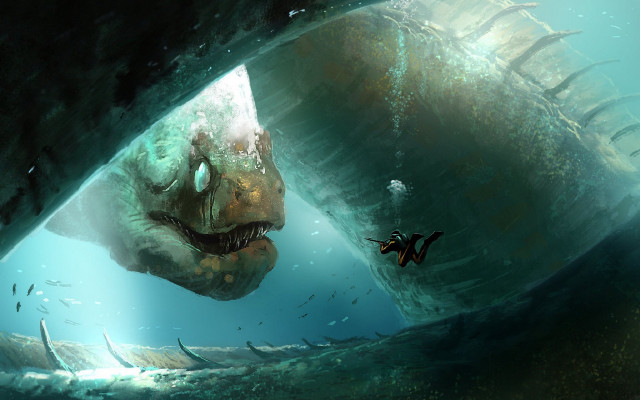 Giant fish cave boat diver free wallpaper - medium preview image