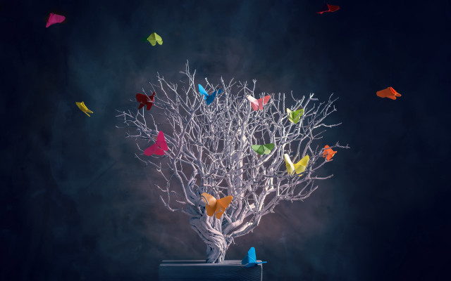 Colorful origami birds tree dark free wallpaper - medium preview image
